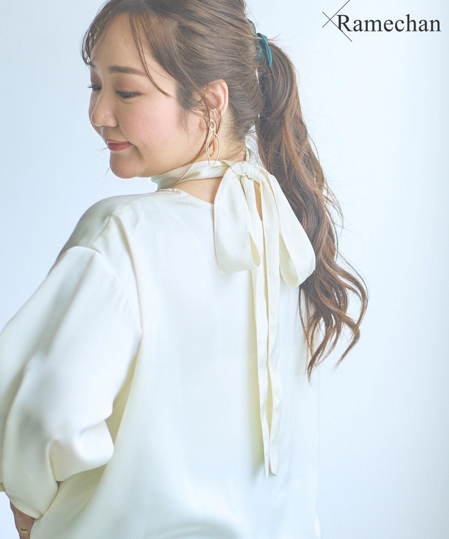 nissen 緞面繫帶襯衫(與Rame chan 合作) (日本女裝大尺碼) NSAMR0126A0015 SS26