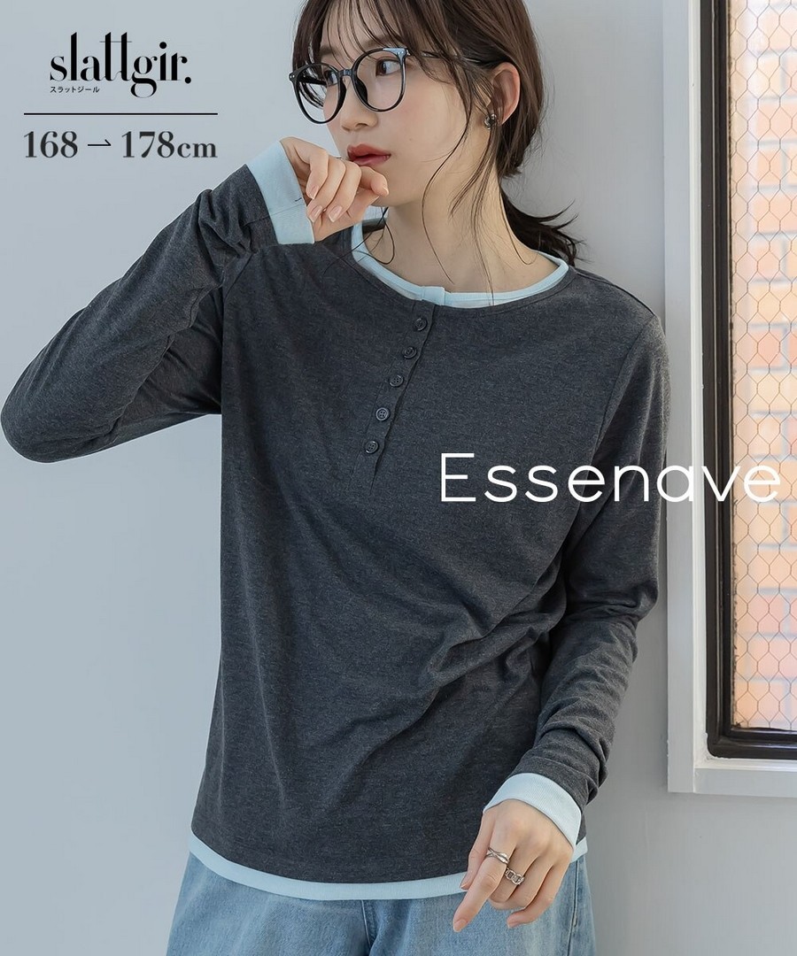 nissen [高挑尺寸]撞色亨利領上衣(Essenave) (日本女裝大尺碼) NSALC0226A0005 SS26