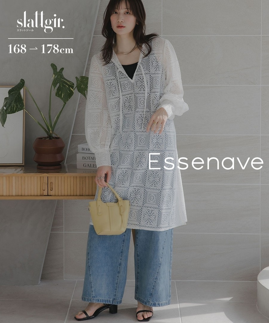 nissen [高挑尺寸]方格蕾絲長款上衣(Essenave) (日本女裝大尺碼) NSDGM0126A0009 SS26