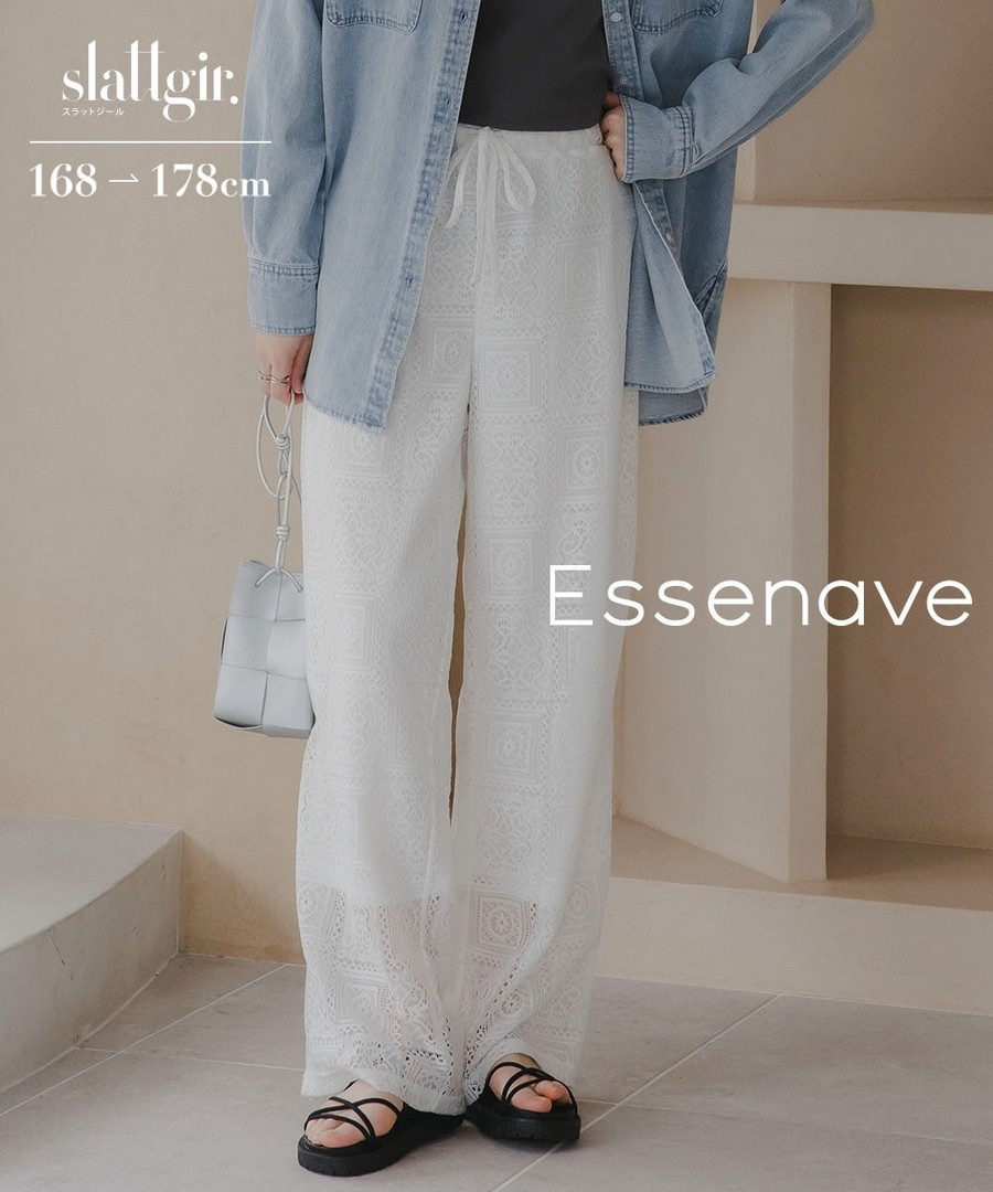nissen [高挑尺寸]方格蕾絲直筒寬褲(Essenave) (日本女裝大尺碼) NSDGM0126A0010 SS26