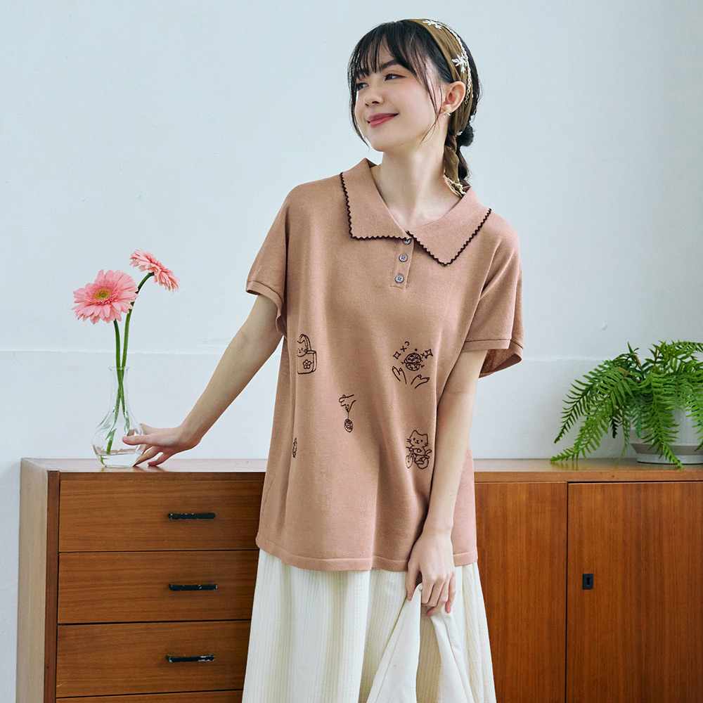 OB 日系貓咪刺繡撞色滾邊翻領針織上衣 OBFA3224 SS26