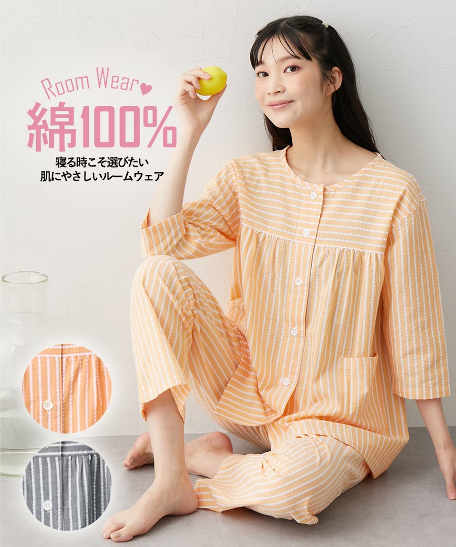 nissen 100%純棉泡泡紗前開式七分袖條紋睡衣套裝 (日本女裝及大尺碼適用) (睡衣及家居服) NSVXH0126B0002 SS26