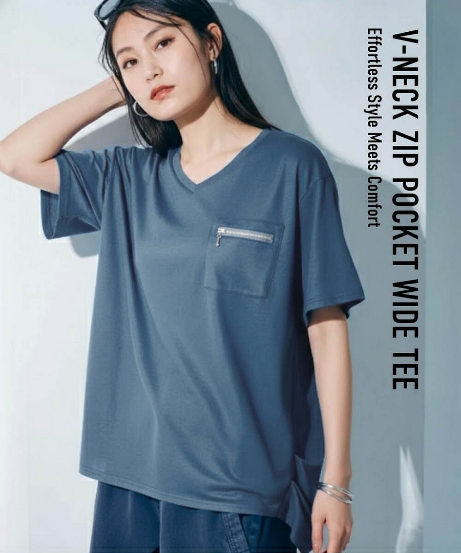 nissen V領胸前拉鏈口袋寬鬆Tee(涼爽布料) (日本女裝及大尺碼適用) NSANW0226B0004 SS26