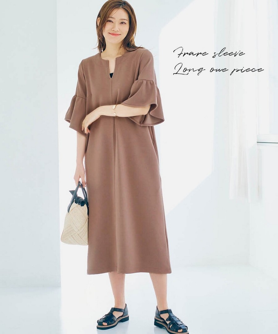 nissen 順滑彈力布料鑰匙領喇叭袖長款連身裙 (日本女裝及大尺碼適用) NSANW0226B0007 SS26