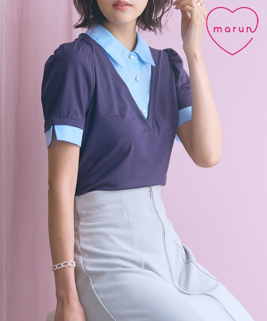 nissen 領口珍珠鈕扣襯衫式拼接疊穿設計上衣(marun) (日本女裝大尺碼) NSBNC0426B0007 SS26