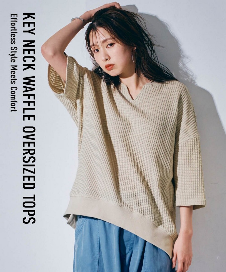 nissen 華夫格布料鑰匙領五分袖寬鬆上衣 (日本女裝及大尺碼適用) NSBOG0226B0004 SS26