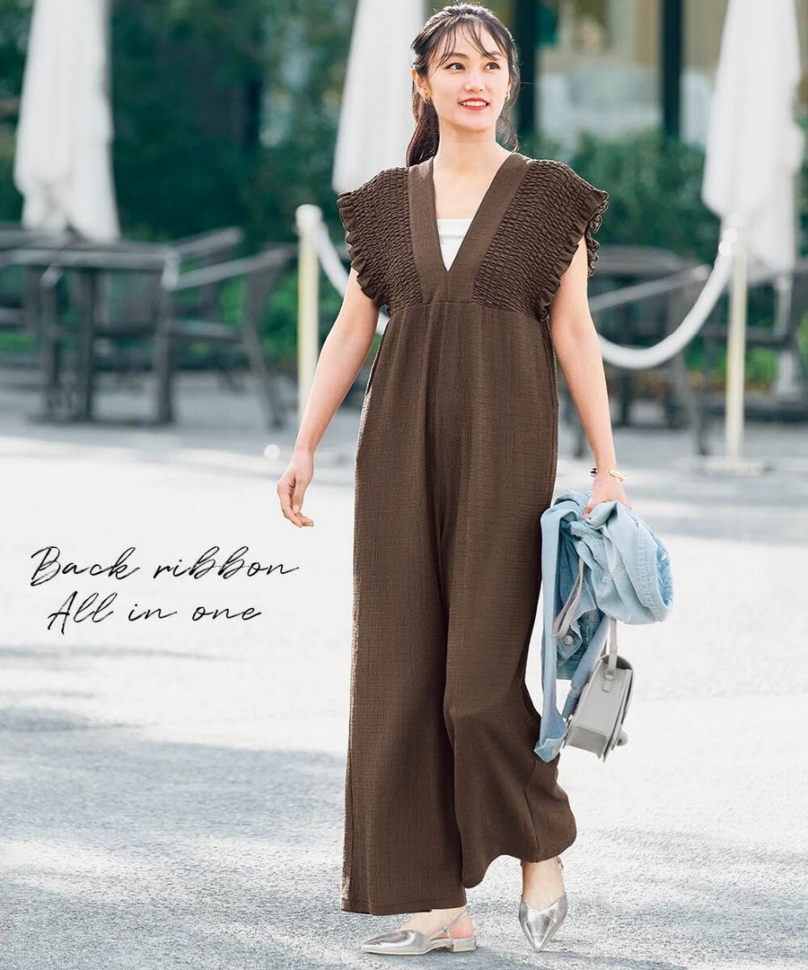 nissen 楊柳縐布深V領口後繫帶連身褲 (日本女裝及大尺碼適用) NSCTG0226B0001 SS26