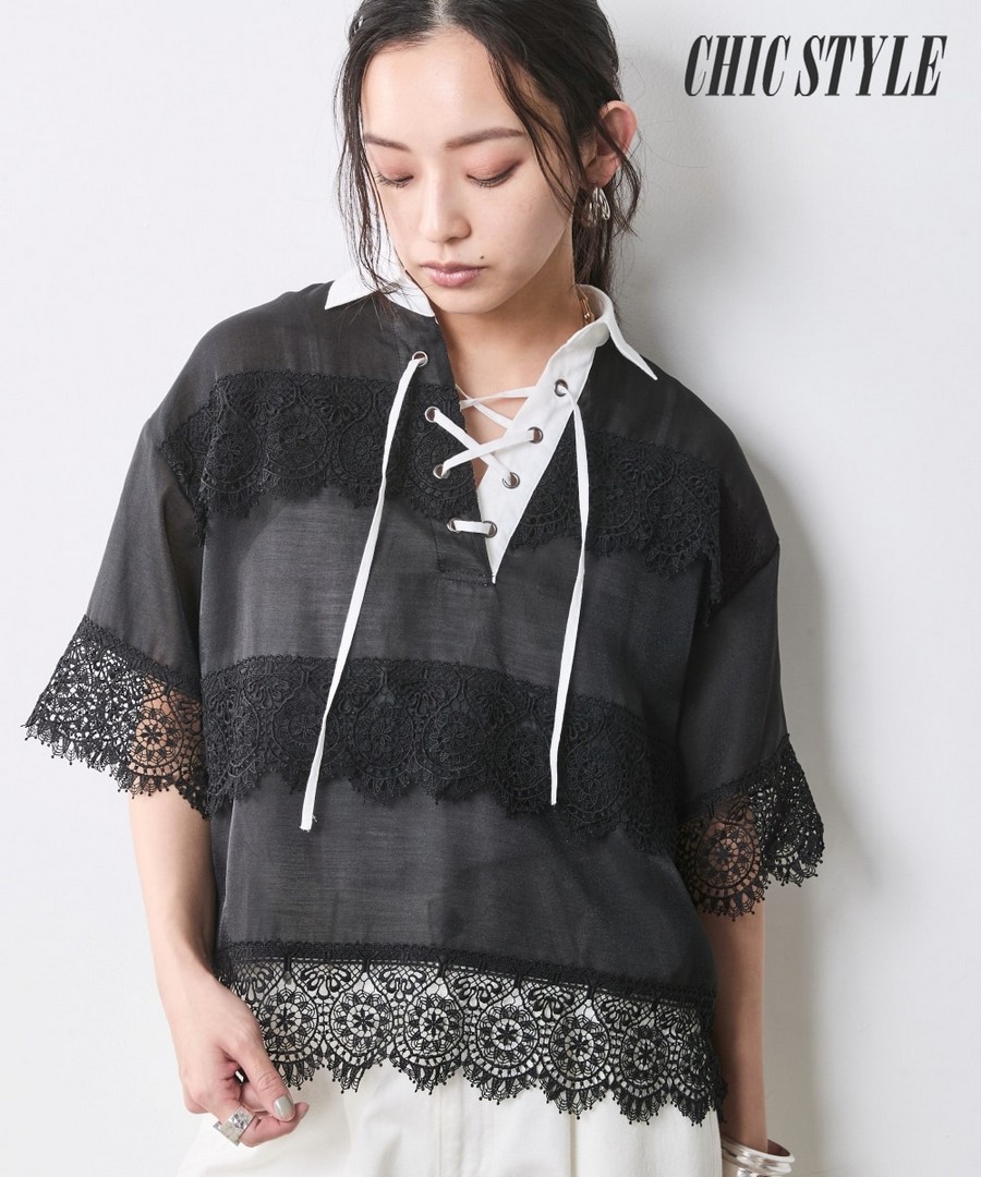 nissen 蕾絲繫帶上衣(CHIC STYLE) (日本女裝大尺碼) NSDIA0126B0001 SS26