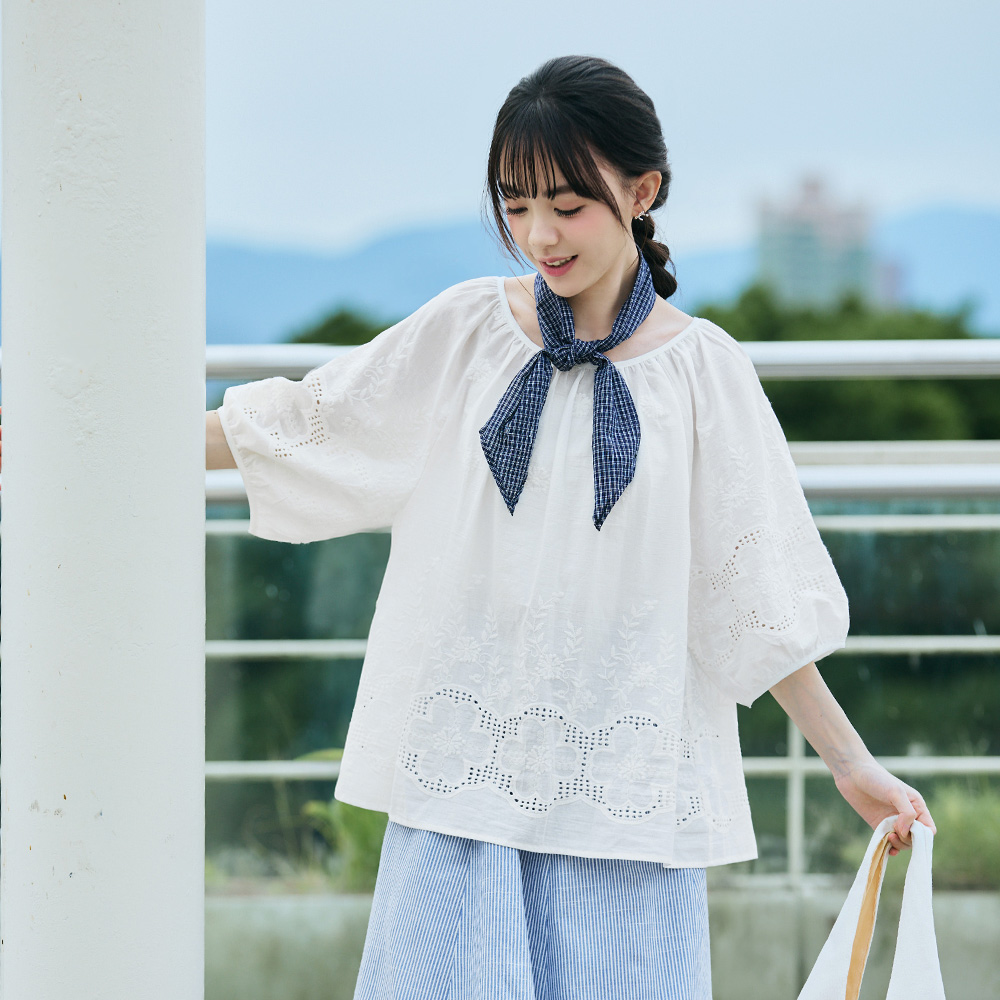 OB 日系純棉鏤空蕾絲後開襟綁帶泡泡袖上衣 OBAB21030 SS26