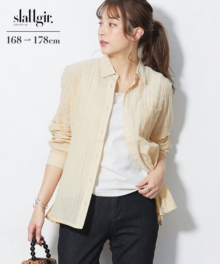 nissen [高挑尺寸]柔軟棉混2WAY條紋袖襯衫/外套 (日本女裝大尺碼) NSBLO0226B0001 SS26