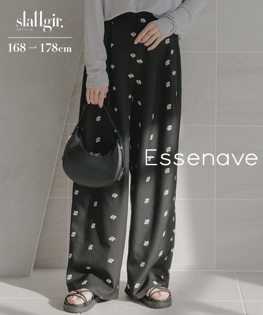 nissen [高挑尺寸]花卉刺繡斜紋打褶褲(Essenave) (日本女裝大尺碼) NSALC0226B0002 SS26