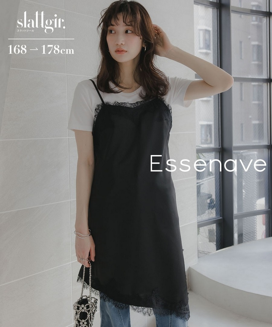 nissen [高挑尺寸]緞面蕾絲不對稱吊帶長背心(Essenave) (日本女裝大尺碼) NSALC0226B0004 SS26