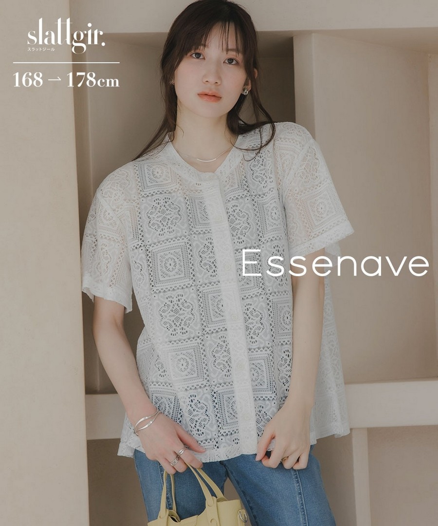 nissen [高挑尺寸]拼塊蕾絲短袖襯衫(Essenave) (日本女裝大尺碼) NSDGM0126B0001 SS26