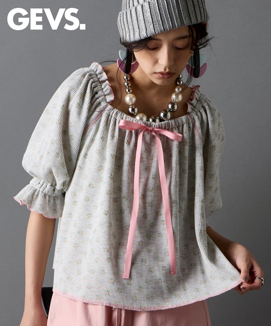 nissen 華夫格布料花卉印花泡泡袖上衣(GEVS.) (日本女裝大尺碼) NSAMR0126B0033 SS26