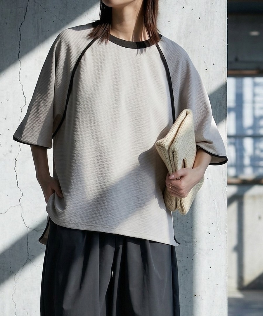 nissen 提花紋理布料撞色滾邊牛角袖寬鬆上衣 (日本女裝大尺碼) NSCIH0126B0023 SS26