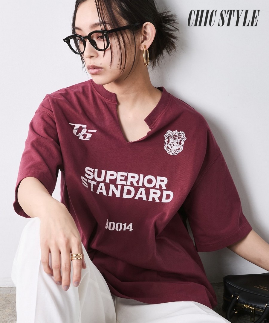nissen 100%純棉顏料染色加工開衩領印花Tee(CHIC STYLE) (日本女裝大尺碼) NSDER0126B0031 SS26