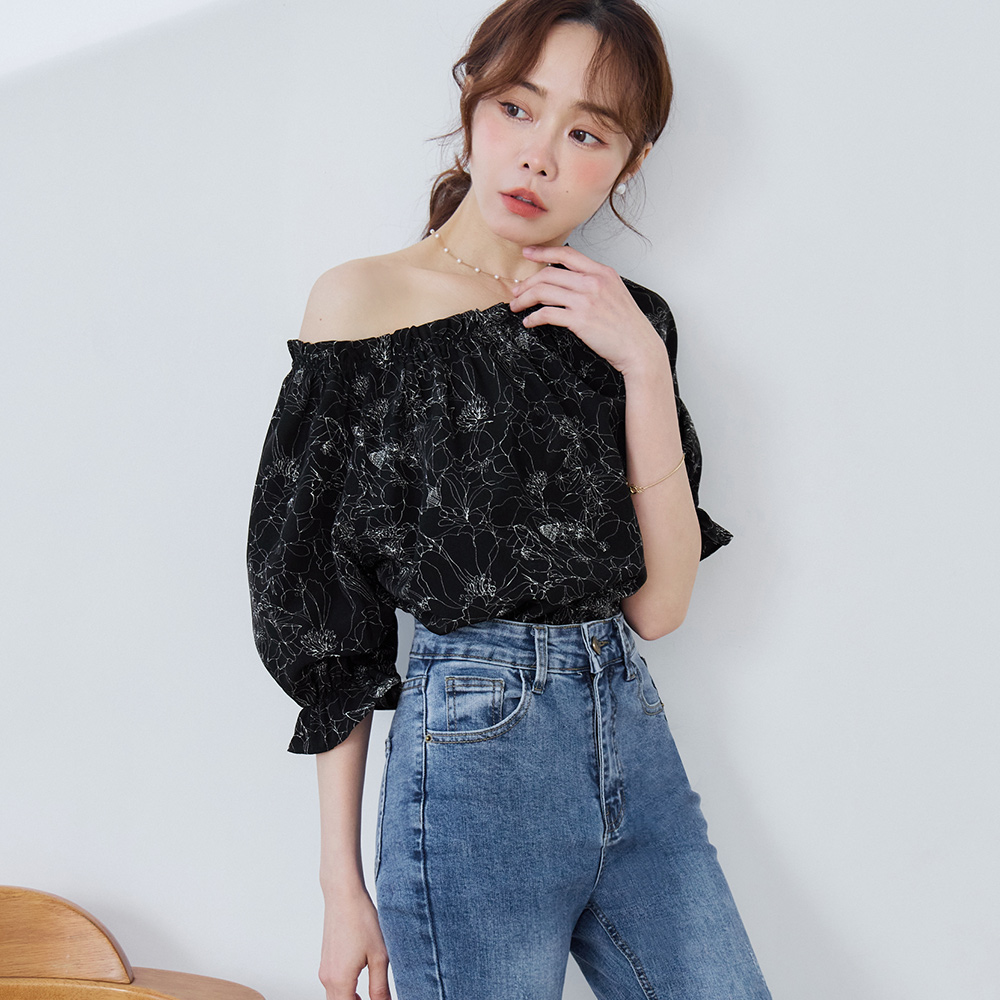 OB 兩穿花朵線條印花澎袖上衣 OBAB21176 SS26