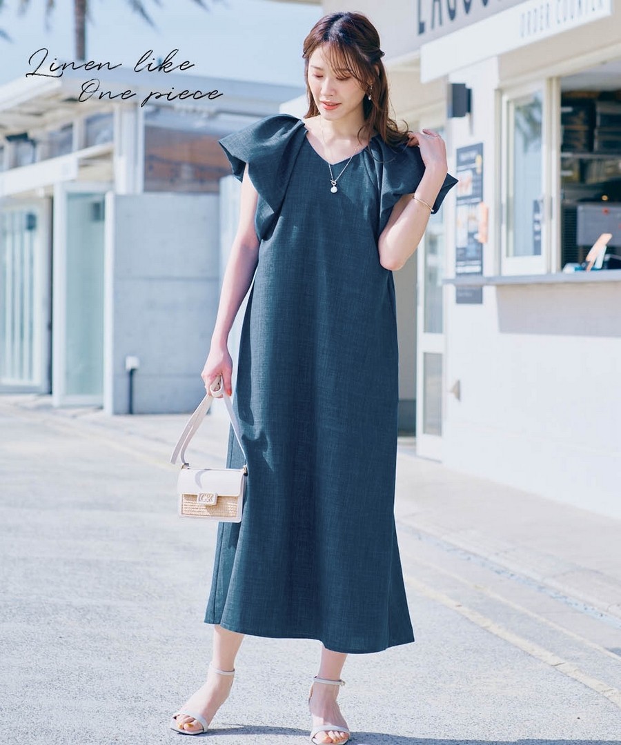 nissen 仿亞麻風泡泡袖連身裙 (日本女裝及大尺碼適用) NSANW0226B0019 SS26