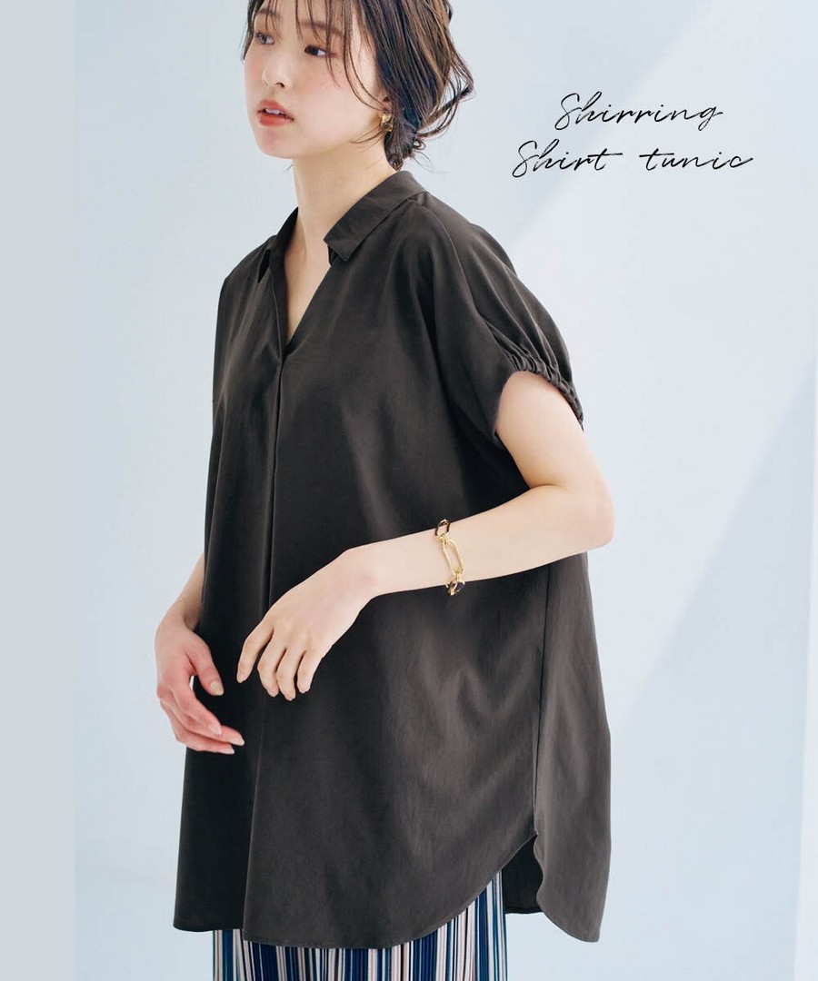 nissen 袖口抽褶襯衫式長上衣(吸汗速乾) (日本女裝及大尺碼適用) NSCIH0426B0074 SS26