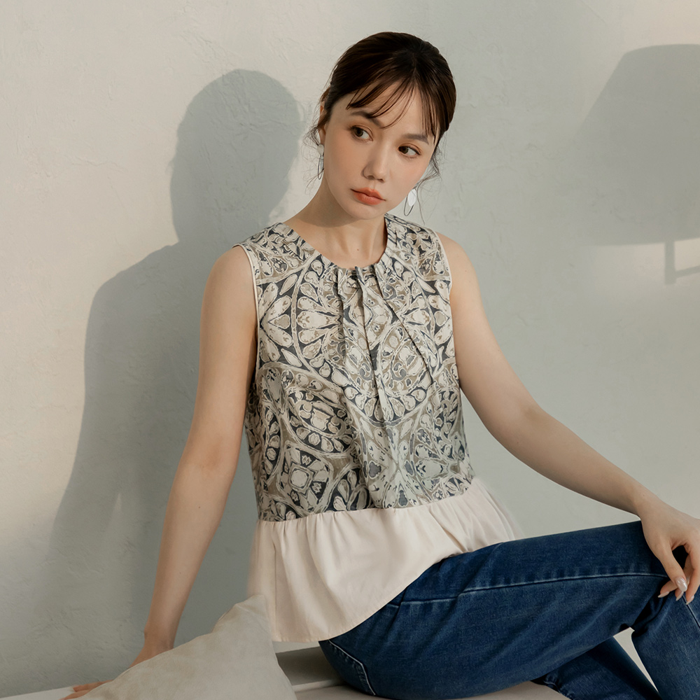 OB 棉質仿麻變形蟲印花傘襬背心上衣 OBAB21130 SS26