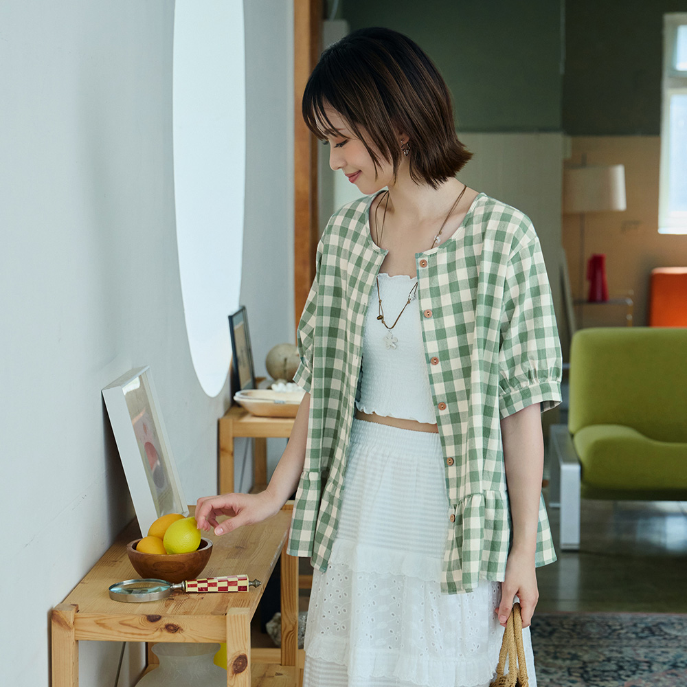 OB 日系格紋澎袖荷葉下擺排釦開襟上衣/外套 OBAB21146 SS26