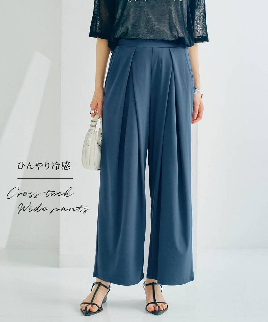 nissen 接觸冷感交叉褶彈力寬腿褲 (日本女裝及大尺碼適用) NSDER0126B0029 SS26