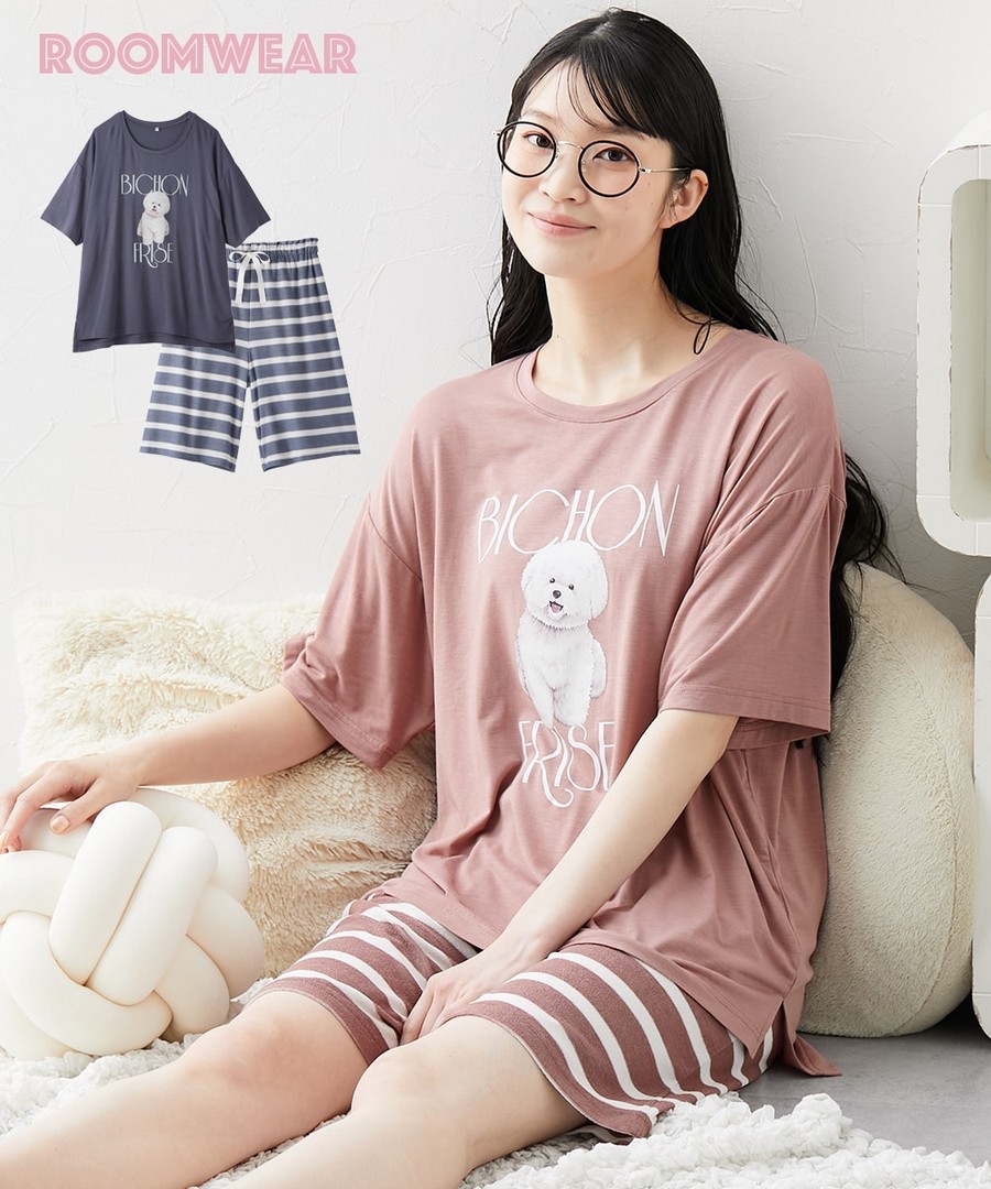 nissen 條紋毛圈短袖家居服套裝 (日本女裝及大尺碼適用) (睡衣及家居服) NSCIN0226B0001 SS26