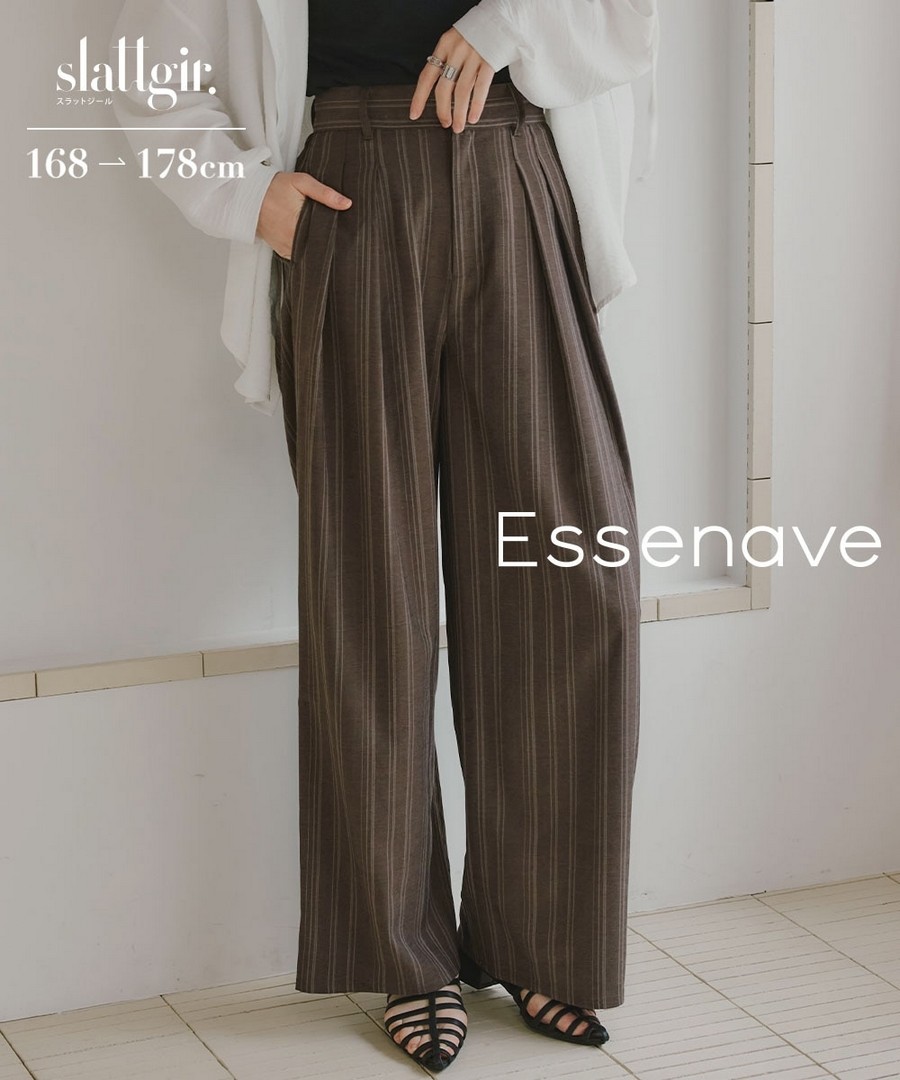 nissen [高挑尺寸]仿亞麻風條紋打褶寬褲(Essenave) (日本女裝大尺碼) NSALC0226B0008 SS26