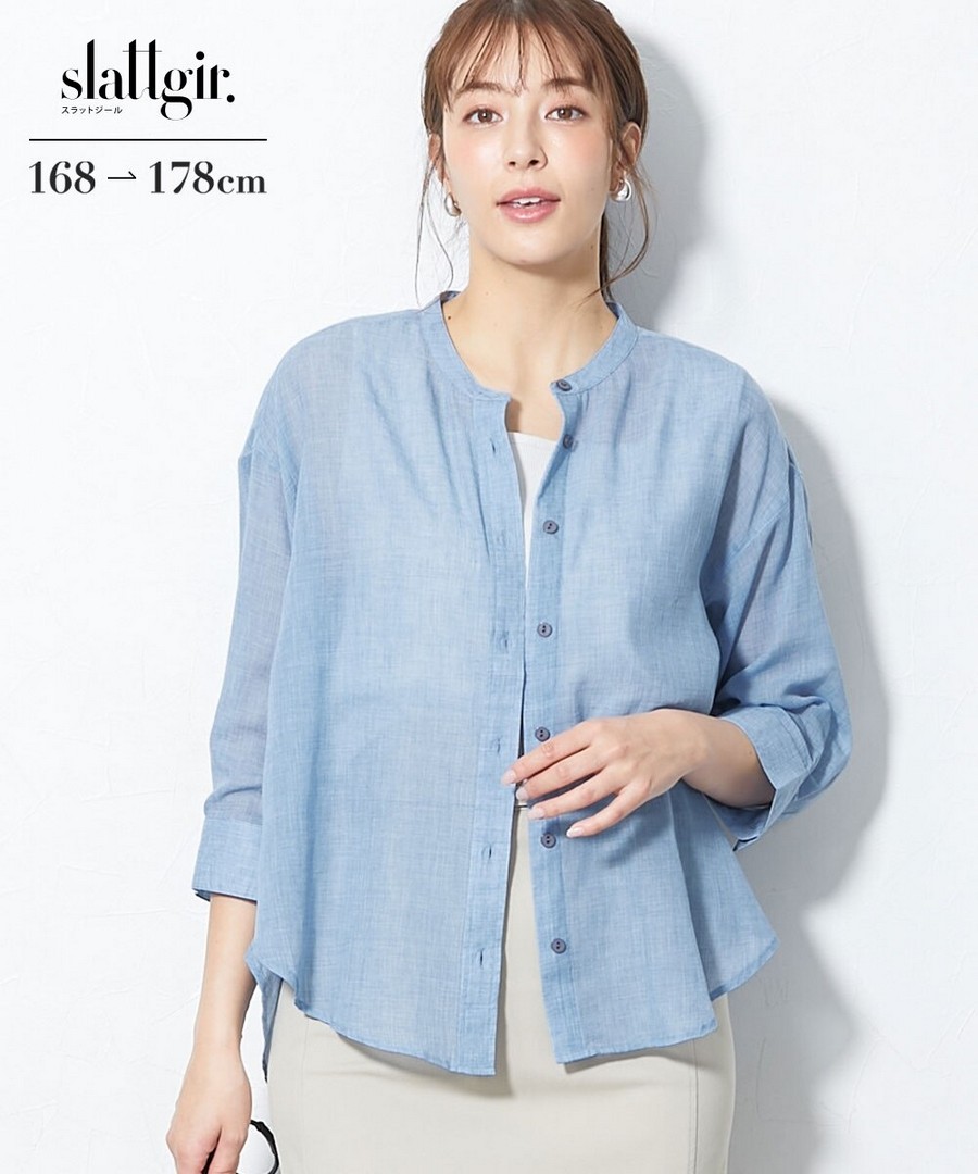 nissen [高挑尺寸]TC透膚紗布柔軟無領七分袖襯衫 (日本女裝大尺碼) NSBLO0226B0002 SS26