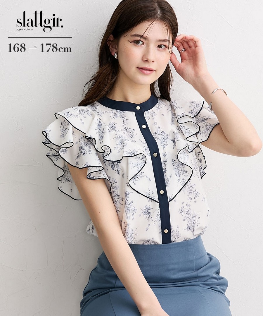 nissen [高挑尺寸]花卉印花荷葉邊襯衫 (日本女裝大尺碼) NSBNC0426B0022 SS26