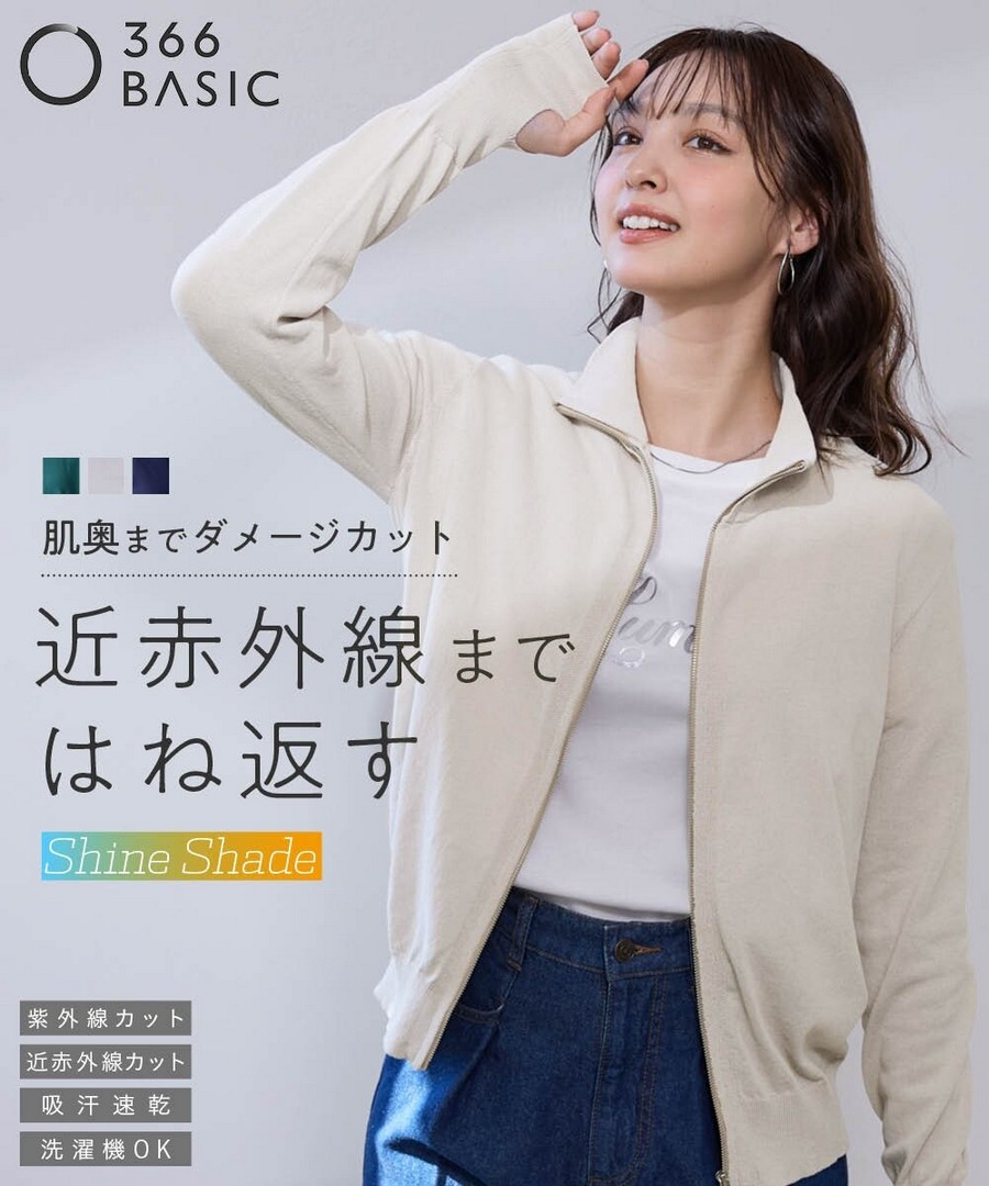 nissen 附指洞拉鍊針織外套(近紅外線阻隔，防UV，吸汗速乾，可洗衣機洗)(Shine Shade) (日本女裝大尺碼) NSBOY0726B0036 SS26