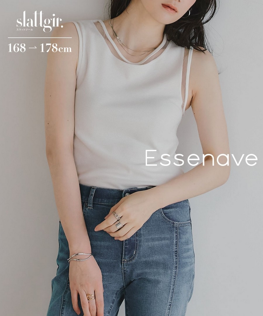 nissen [高挑尺寸]棉混紡透視布料拼接背心(Essenave) (日本女裝大尺碼) NSCIH0426B0084 SS26