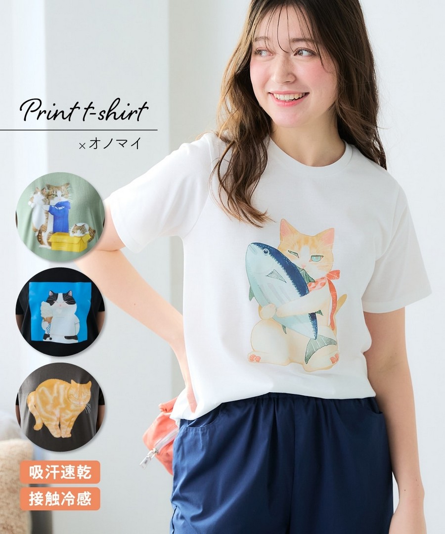nissen 貓咪印花短袖Tee(吸汗速乾，接觸冷感)(Mai Ono) (日本女裝大尺碼) NSCNG0126B0001 SS26