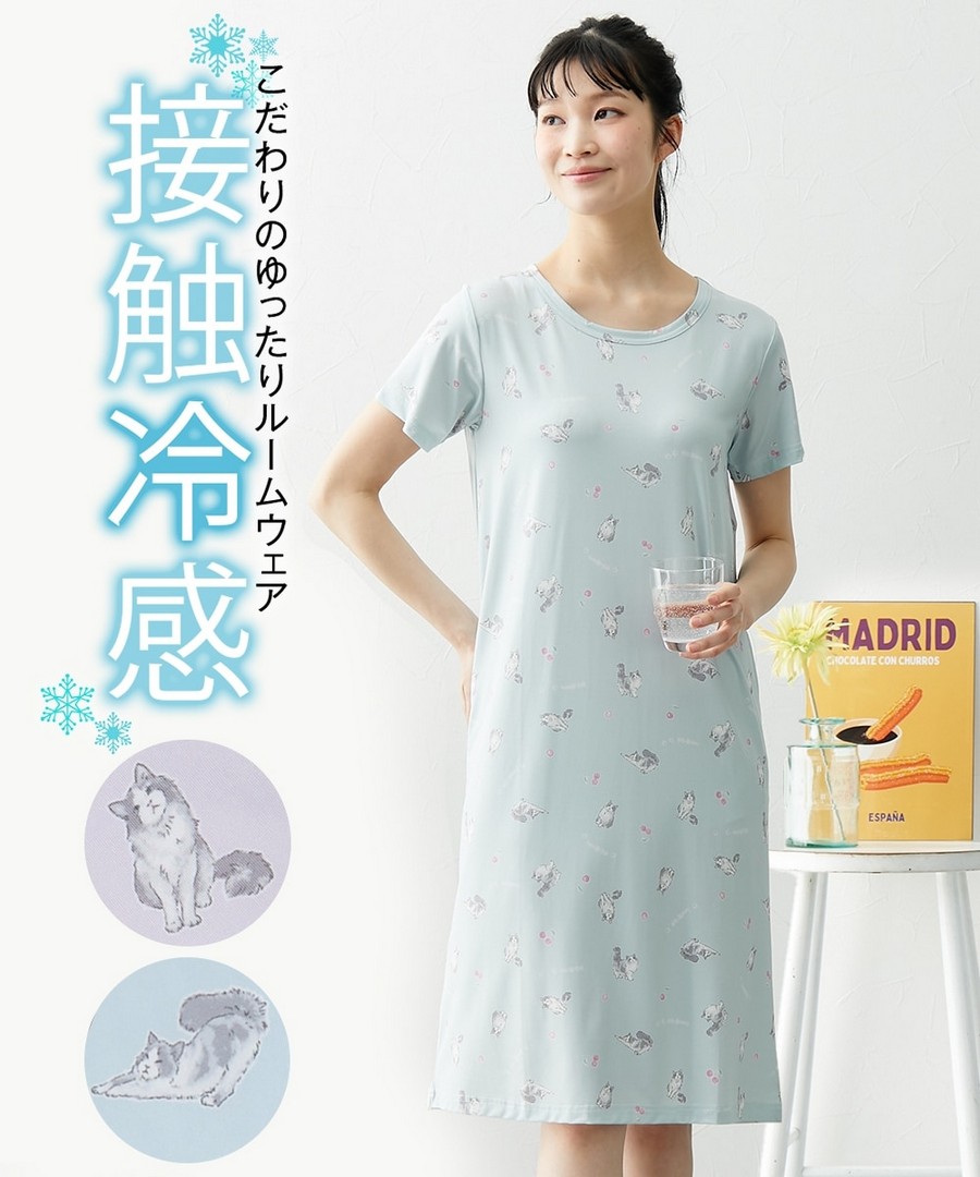 nissen 清涼彈性貓咪圖案短袖連身裙(接觸冷感) (日本女裝大尺碼) (睡衣及家居服) NSCIN0226B0002 SS26