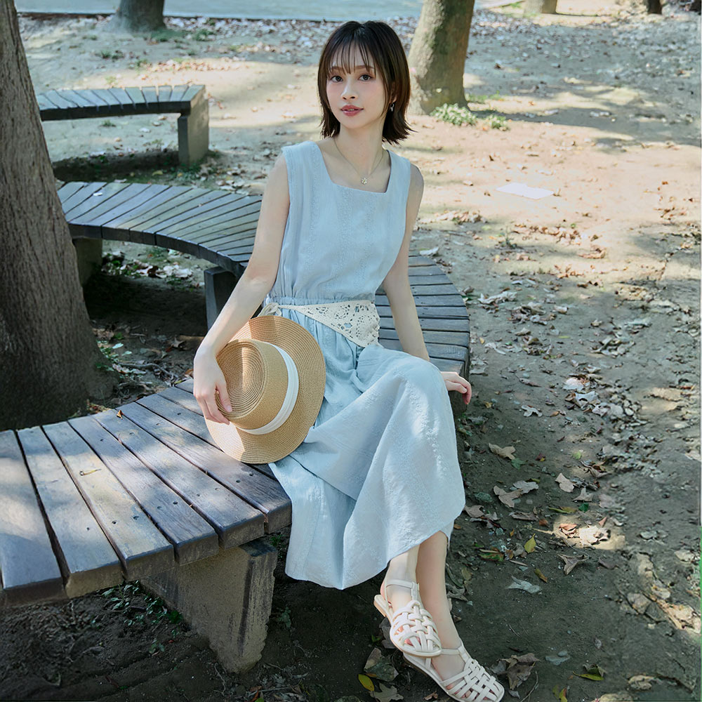OB 日系方領立體刺繡腰抽繩連身裙 OBDA10726 SS26