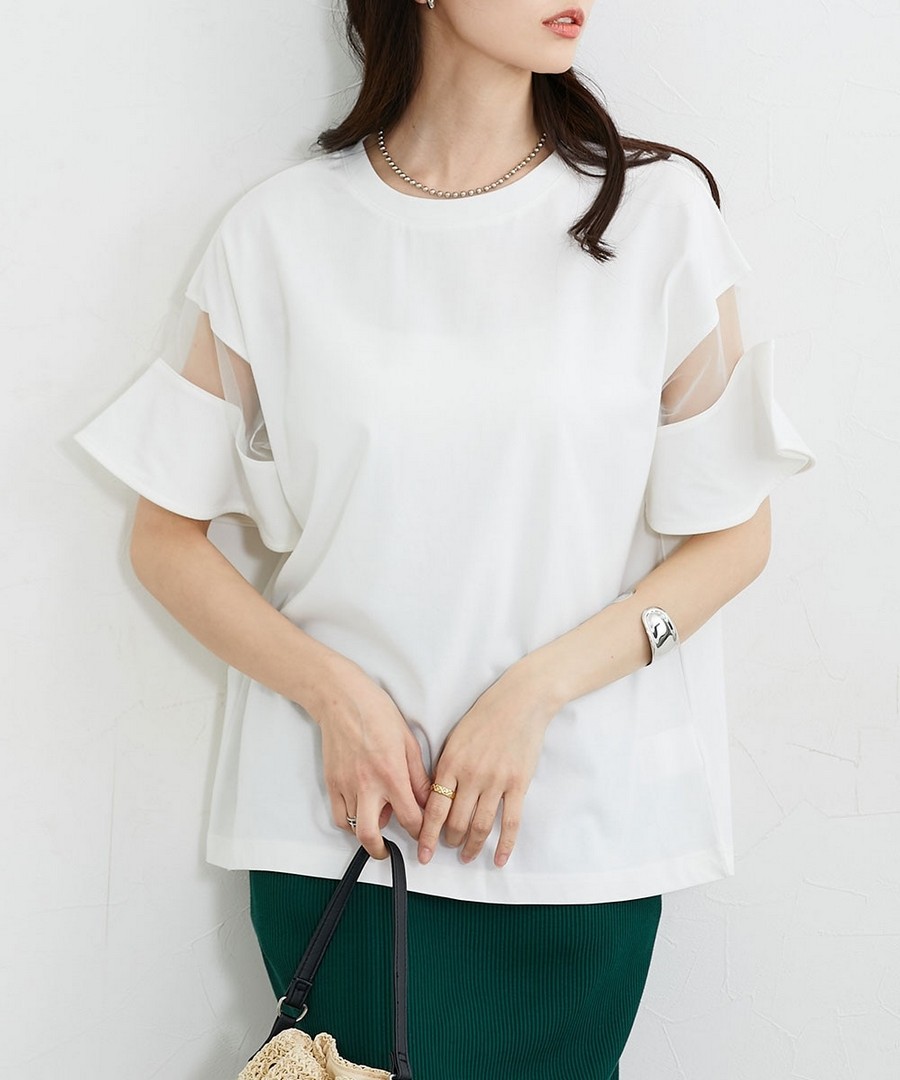 nissen 透視拼接喇叭袖上衣 (日本女裝大尺碼) NSCIH0126B0032 SS26