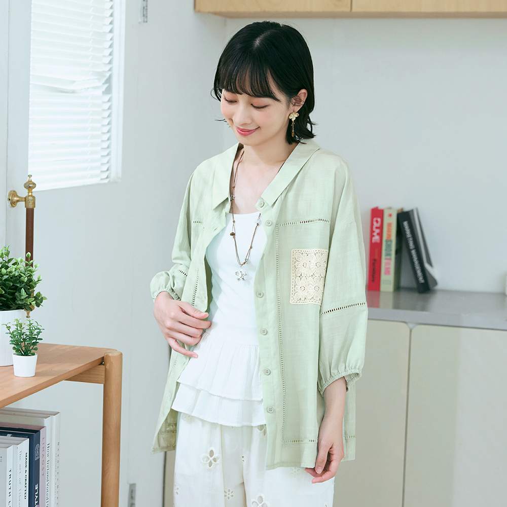 OB 日系拼接蕾絲寬鬆開襟襯衫 OBAB21139 SS26