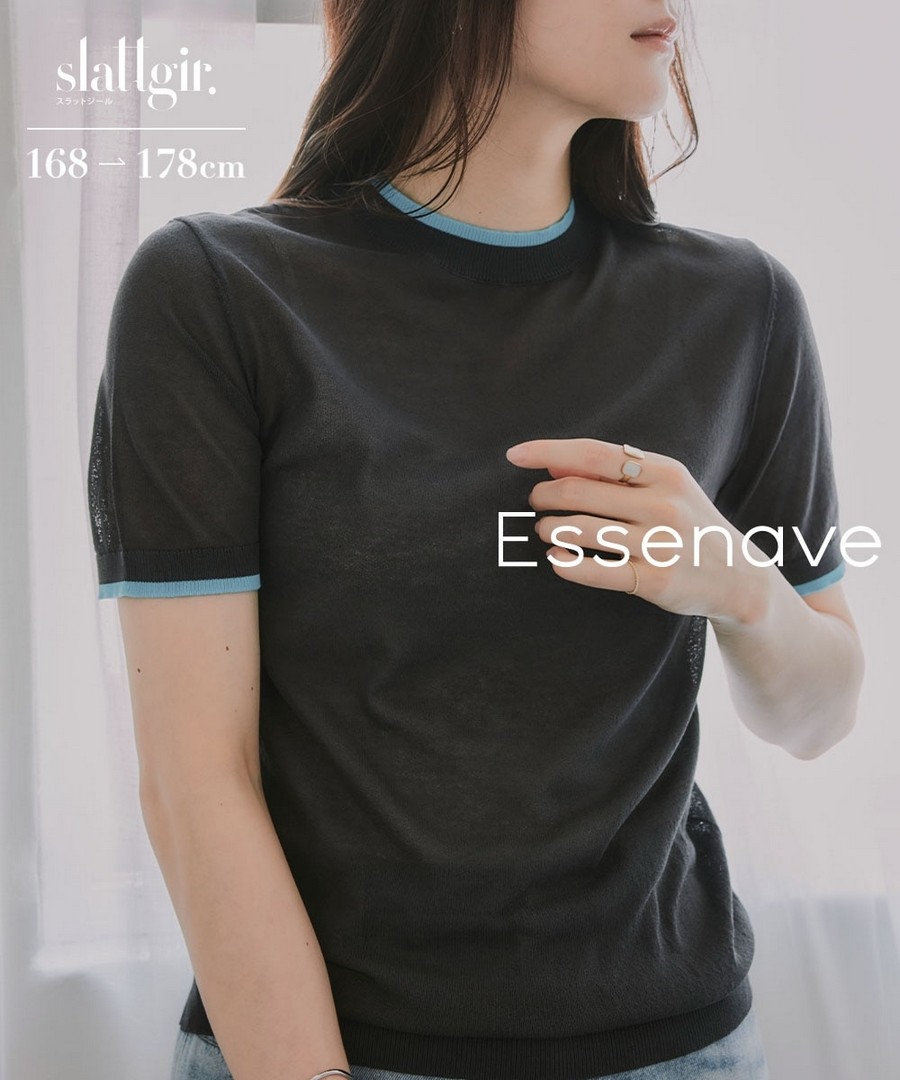 nissen [高挑尺寸]撞色透膚短袖針織上衣(Essenave) (日本女裝大尺碼) NSAFG0426B0007 SS26