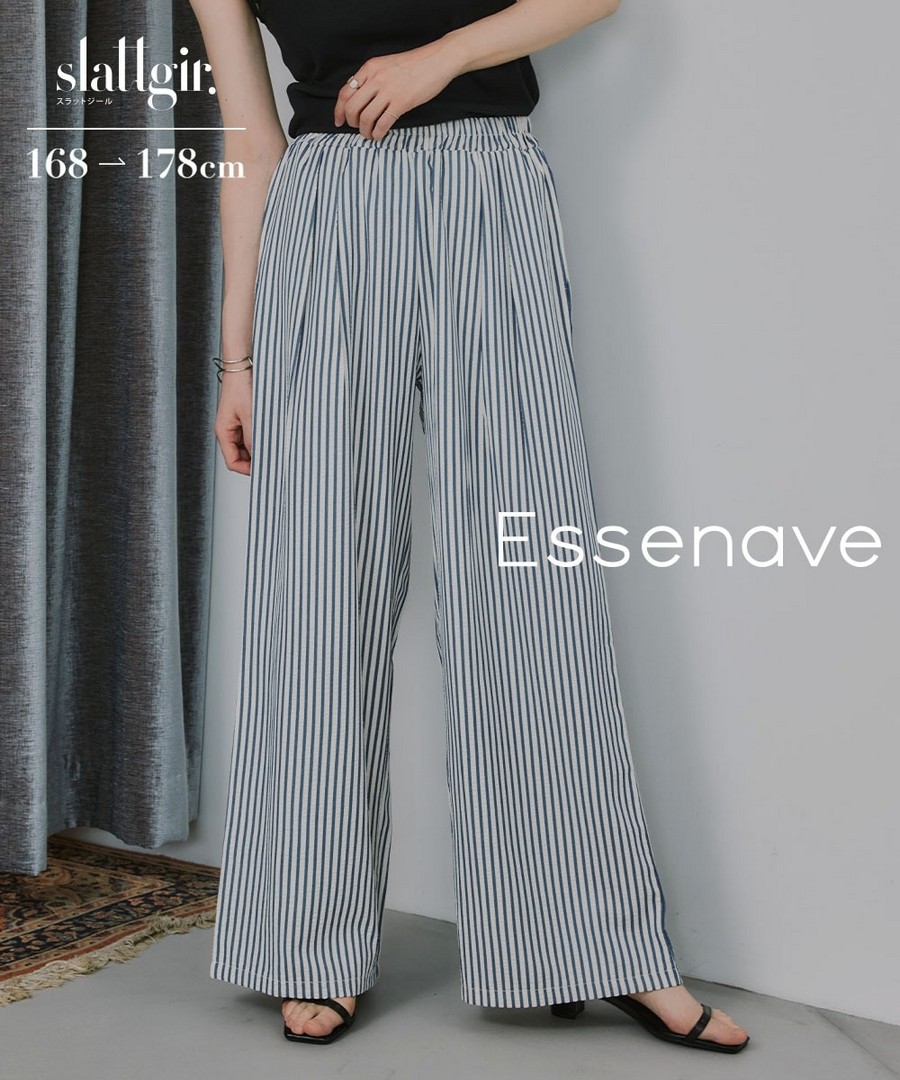 nissen [高挑尺寸]條紋打褶寬鬆寬褲(Essenave) (日本女裝大尺碼) NSDGM0126B0004 SS26