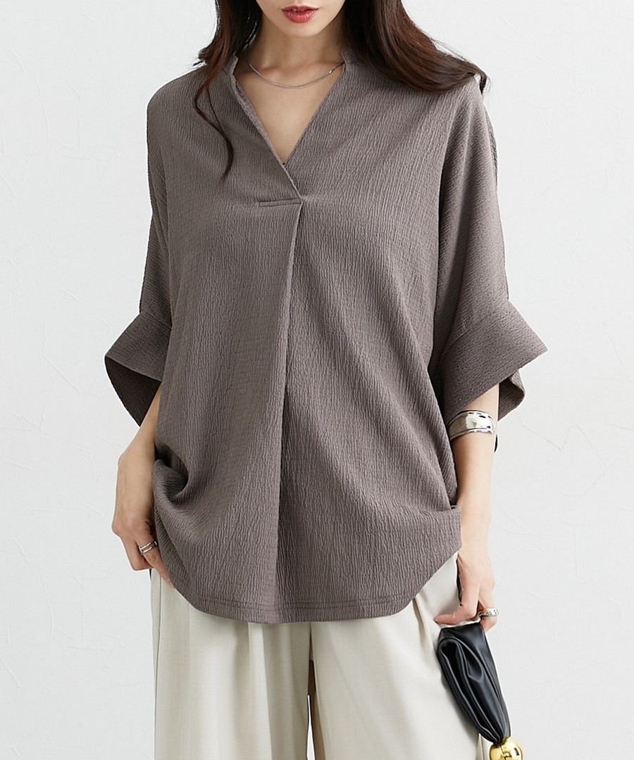 nissen 縐紋提花V領蝙蝠袖上衣 (日本女裝大尺碼) NSCIH0126B0036 SS26