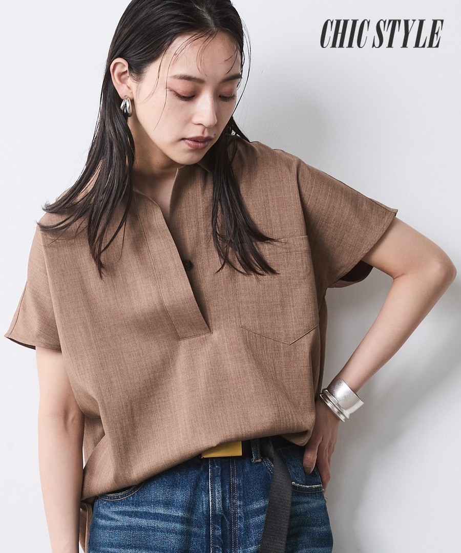 nissen V領法式短袖開襟襯衫(CHIC STYLE) (日本女裝大尺碼) NSAMR0126C0014 SS26