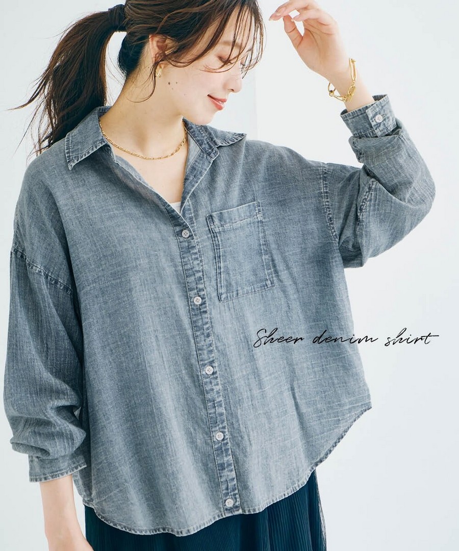 nissen 100%棉仿舊加工透膚牛仔長袖襯衫 (日本女裝及大尺碼適用) NSBHN0226B0002 SS26