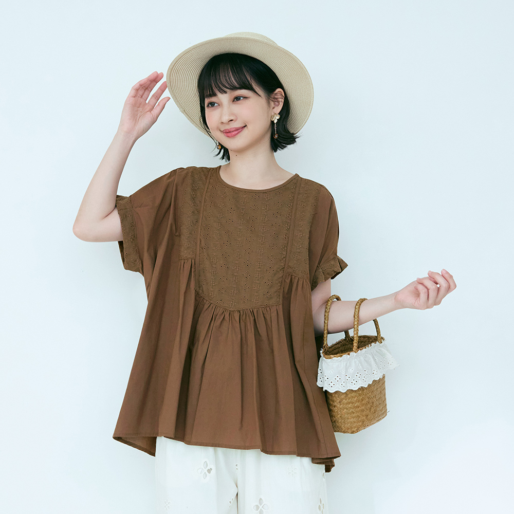 OB 日系純棉拼接蕾絲蝙蝠袖寬鬆上衣 OBAB21145 SS26