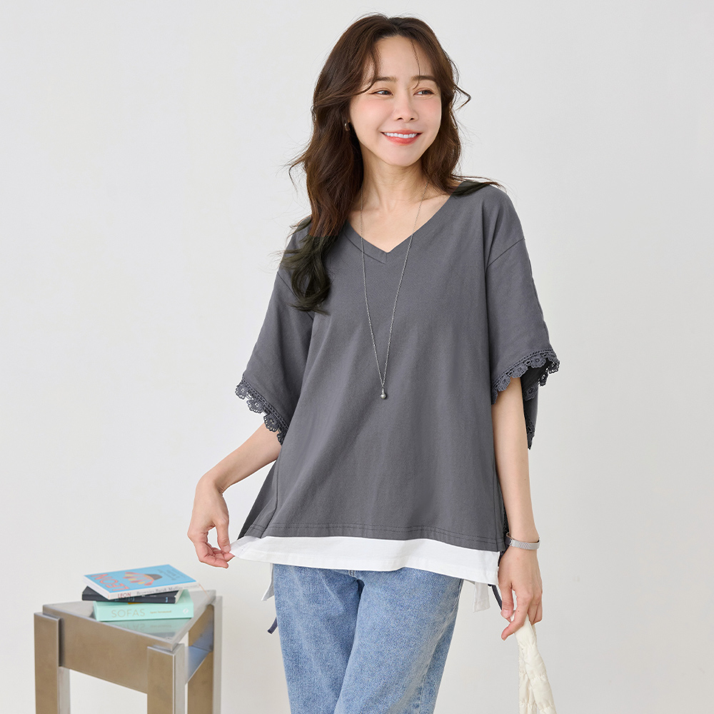 OB 假兩件V領蕾絲袖綁帶上衣 OBAB21387 SS26