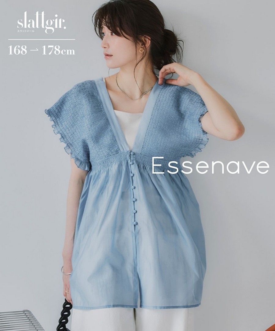 nissen [高挑尺寸]透膚抓皺束褶長版襯衫(Essenave) (日本女裝大尺碼) NSALC0226B0013 SS26