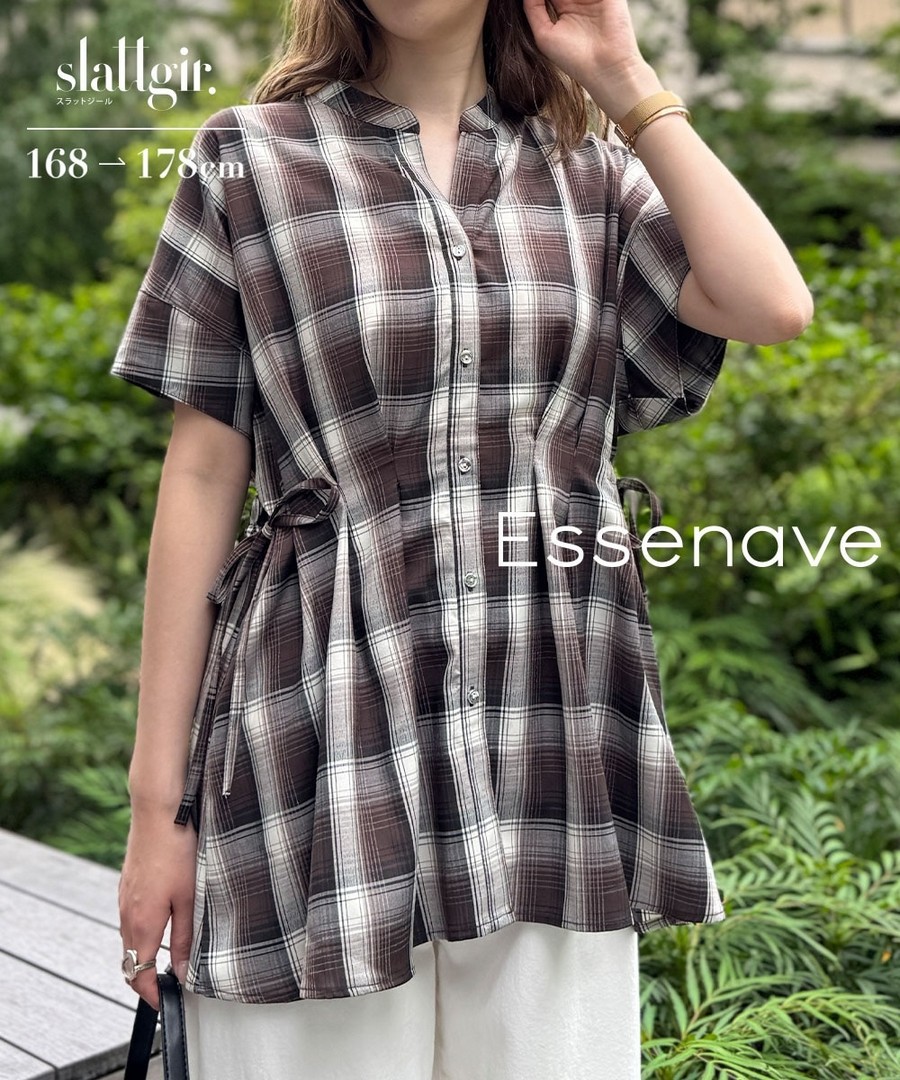 nissen [高挑尺寸]格紋腰部打褶襯衫(Essenave) (日本女裝大尺碼) NSBNC0426B0029 SS26