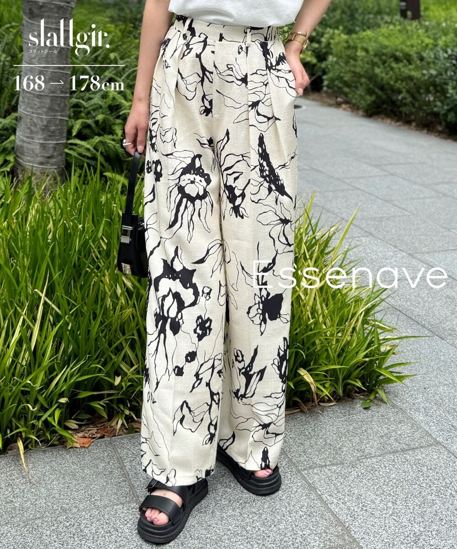 nissen [高挑尺寸]黑白花卉圖案寬褲(Essenave) (日本女裝大尺碼) NSBNC0426B0030 SS26
