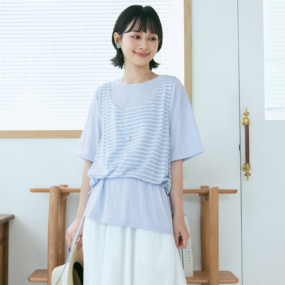 OB 日系真兩件素T條紋收腰抽繩背心上衣 OBAB21299 SS26