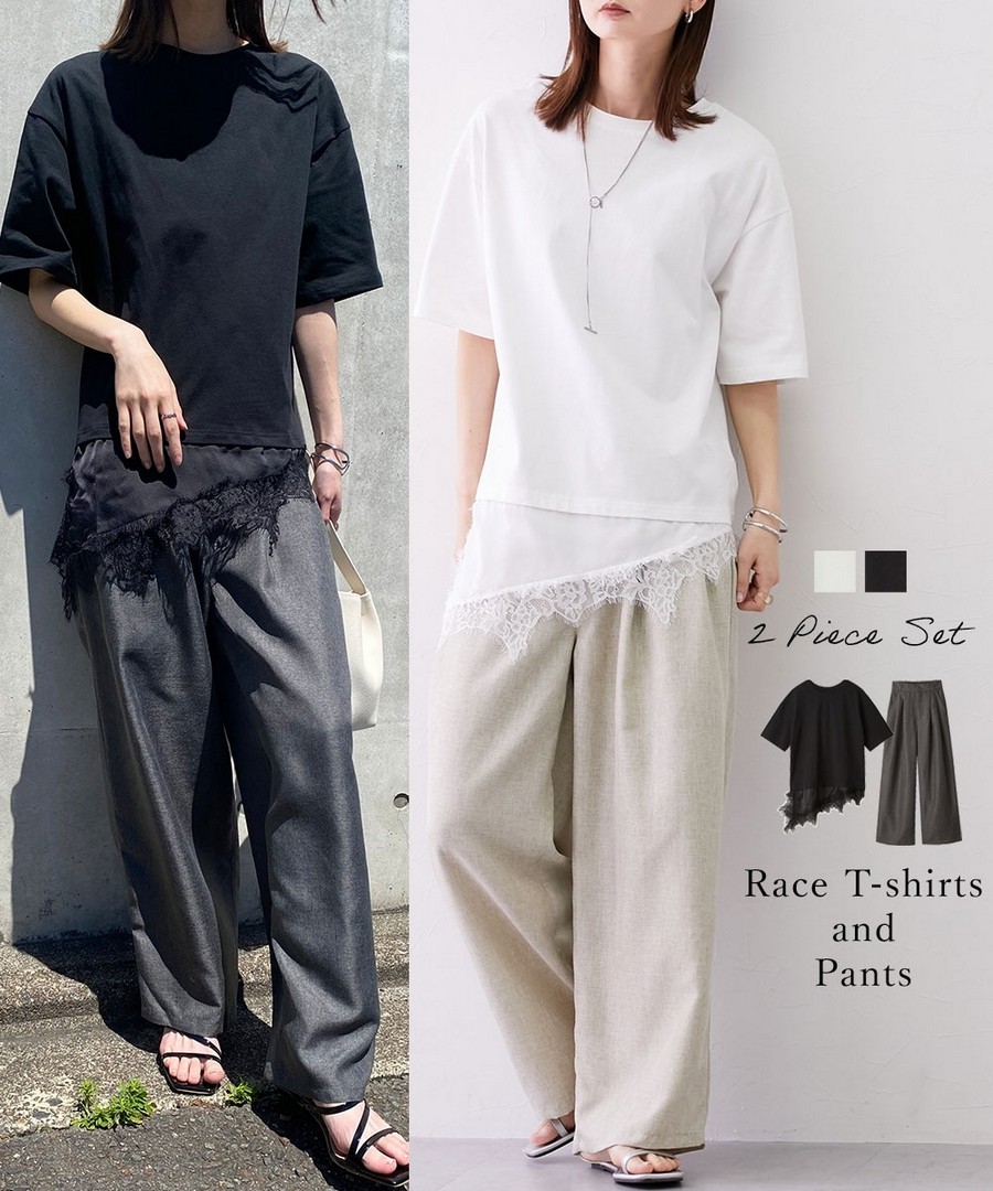 nissen 兩件組(蕾絲層次風Tee+仿亞麻風打褶褲) (日本女裝) NSALC0126B0011 SS26