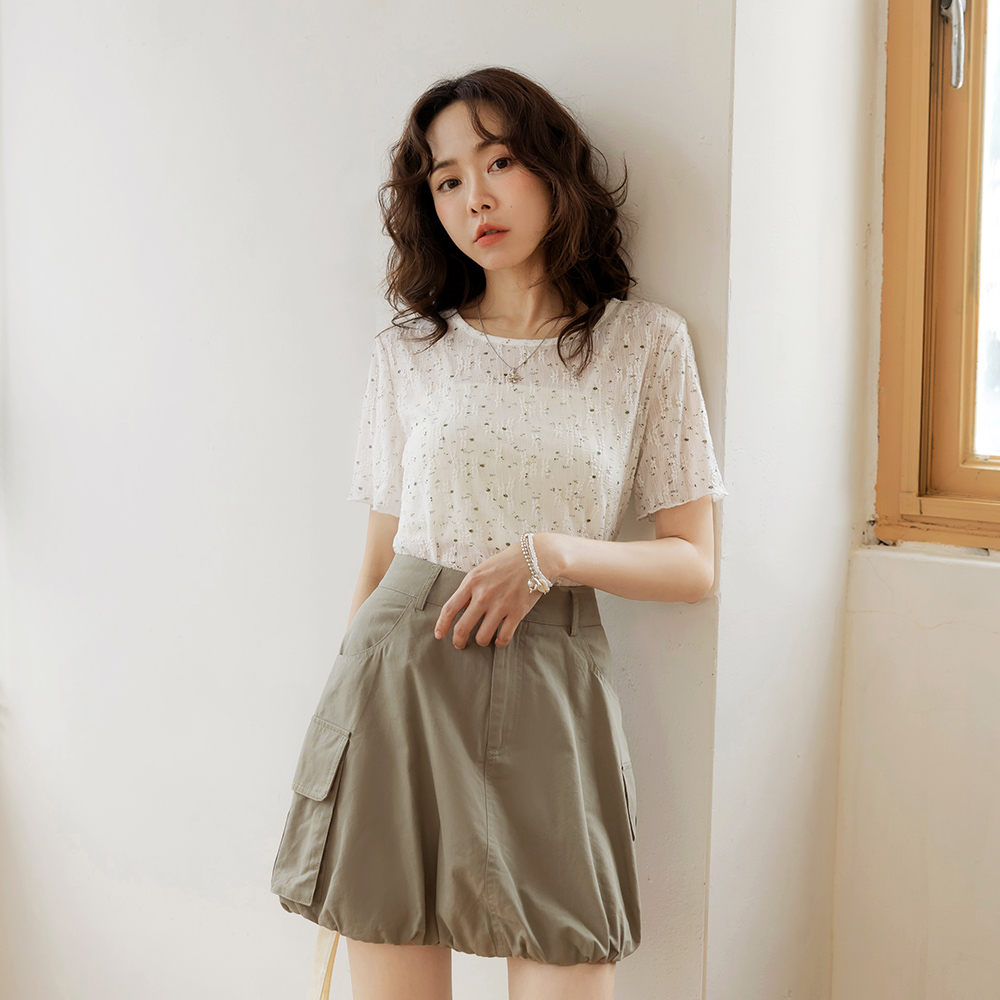 OB 透膚蕾絲緹花彈性短袖上衣 OBAB21351 SS26